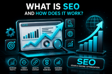 3D SEO dashboard showing search engine optimization and website growth