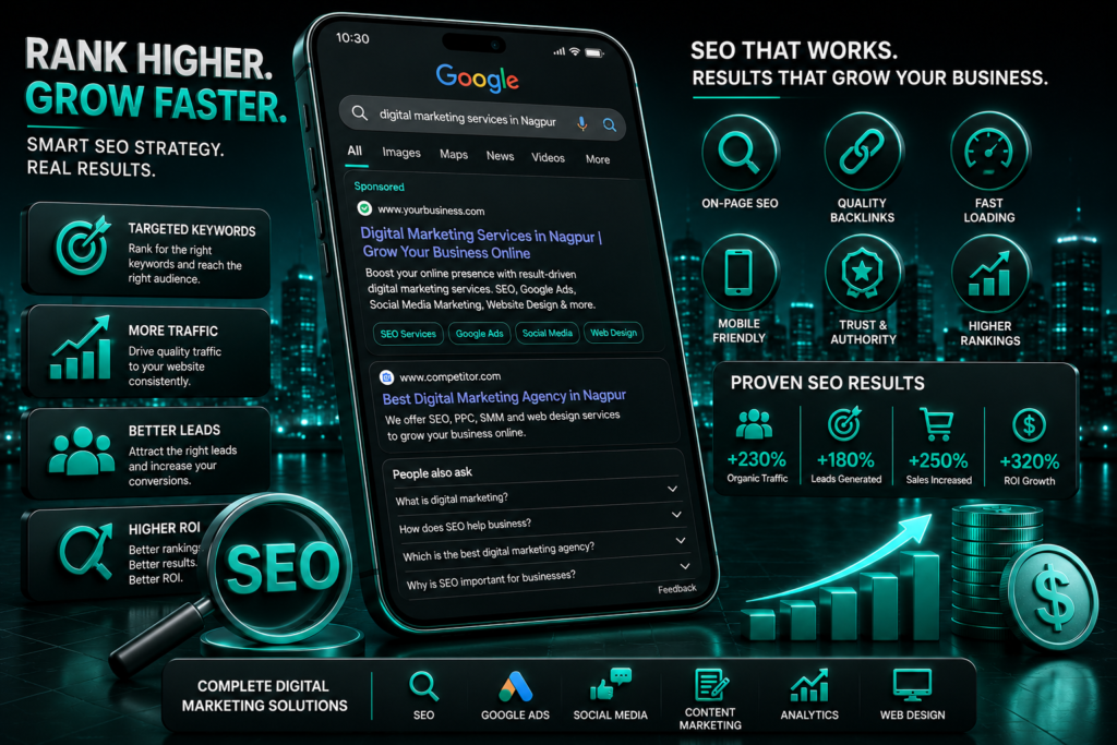 Google search results and SEO marketing illustration